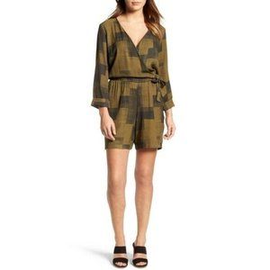 Halogen Tie Waist Romper Jumper Geometric Abstract Color Block Black & Green Med